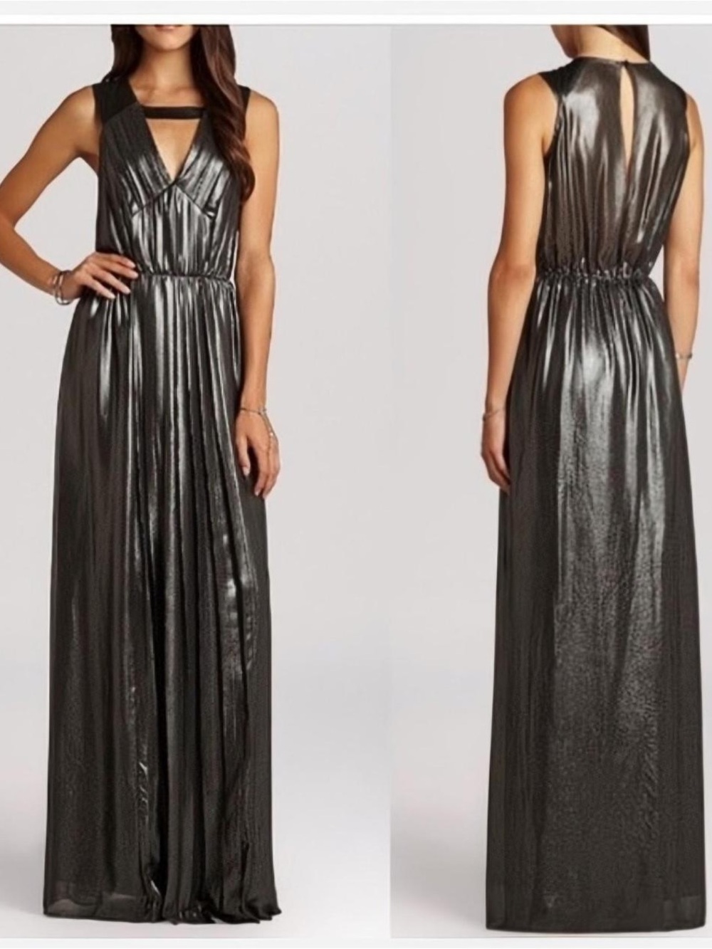 BCBGeneration Metallic Gunmetal V-Neck Sleeveless Maxi Dress